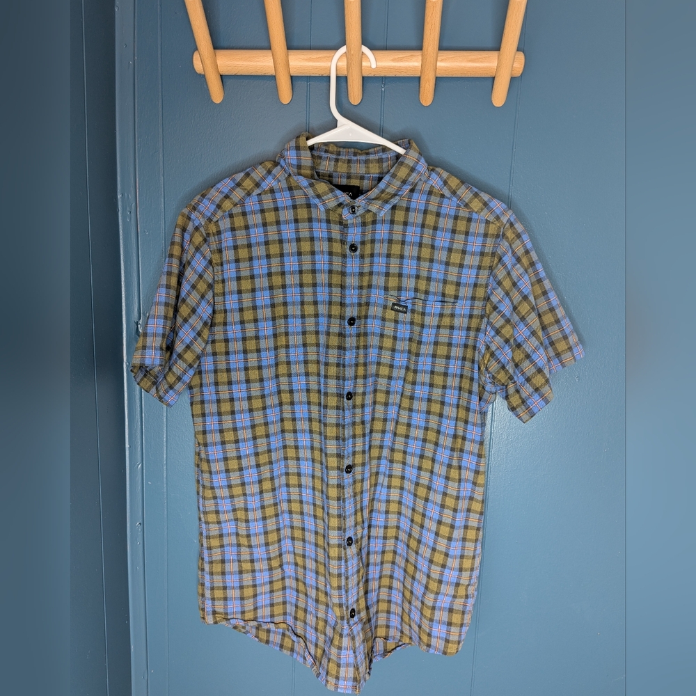 Men's RVCA Blue and Green Plaid Shirt